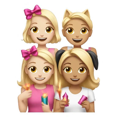 three blonde girls are holding a firecracker and smiling, one has a pink bow, the other has a black headband with cat ears, the third is slightly taller than the others sticker