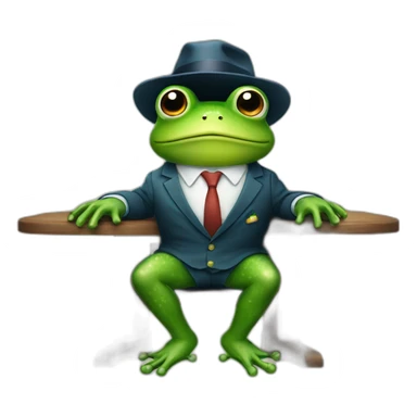 A frog wearing a suit looking straight sitting on a table and wearing a hat sticker
