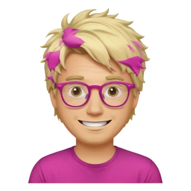 A blond guy with messy hair is smiling. He wear glasses and a fushia T-shirt sticker