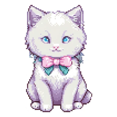 cute fluffy white kitten with a light pink bow, sitting, pixel art style sticker