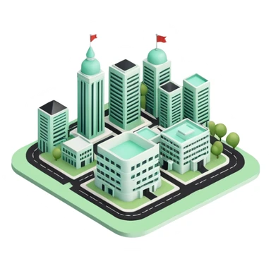 Collectivités Territoriales (Local Authorities), 3D techy icon with black and mint green (#B5F4D3) color scheme, regional map with administrative buildings sticker