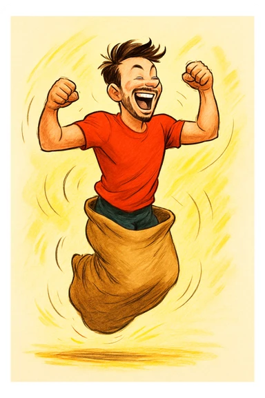 man jumping inside of a sack, energetic, simple background sticker