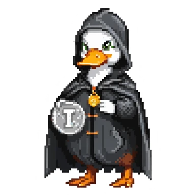 A cool duck in a black cloak with a silver coin sticker