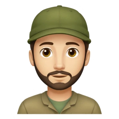 Apple emoji style young man with light skin, short stubble beard, dark eyes, olive green cap, dark brown hair. Clean shapes, soft gradients, friendly expression. sticker