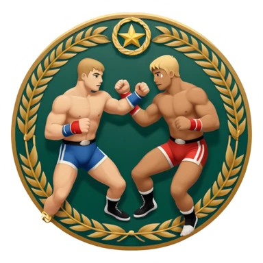 An icon symbolizing wrestling combat sports in the style of an emblem. The design features two wrestlers locked in a powerful grapple, one attempting to take the other down. Surrounding the scene are stylized elements like a championship belt, wrestling mat, and a laurel wreath. sticker