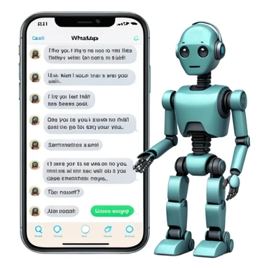 iPhone with WhatsApp chat screen showing a conversation with a robot or AI chatbot sticker