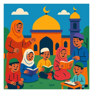 vibrant and colorful illustration of an Islamic school with children and teachers sticker