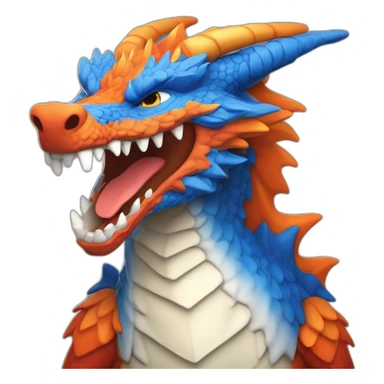 Un dragon mi loup de couleur rouge, bleu, blanc et orange moutardes avec des corne de bélier orange moutard. Il qui crache du feux sticker