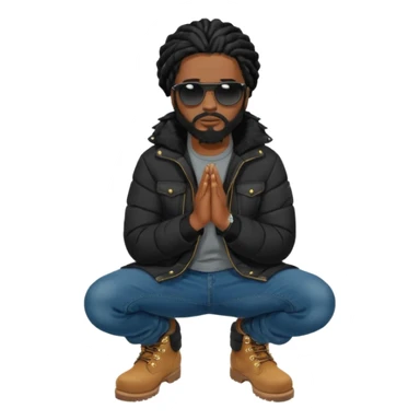 African American man with shoulder length black dreadlocks with black beard wearing black sunglasses wearing a black bubble winter coat wearing denim skinny jeans and timberland boots kneeling in prayer sticker