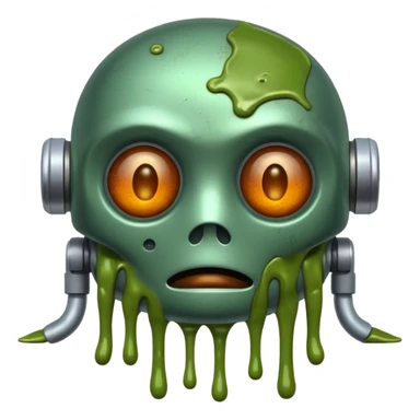 make a tired old melting robot emoji, covered in green sludge, 2d, make the eyes melting sticker