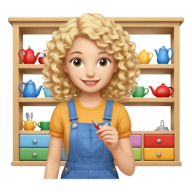 smiling blonde curly woman arranging furniture in doll house with overalls sticker
