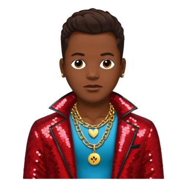 Bobby Brown from New Edition with dark brown hair, red sequin jacket, shirtless with necklace sticker