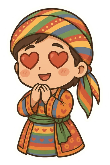 Cartoon sticker of a Kurdish child in traditional colorful and cheerful Kurdish child clothing, with a romantic facial expression and heart-shaped eyes similar to the 😍 emoji, no text, suitable for WhatsApp and Instagram, transparent background. sticker