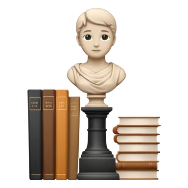 Minimalistic flat vector icon, iOS style, thin black contour on white background. Bust statue on a small pedestal next to a stack of books, symbolizing classic literature. Clean, no text, no shadows sticker