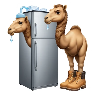A desert camel head and neck attached to a stainless steel refrigerator body with ice dispenser, wearing classic Timberland-style work boots sticker