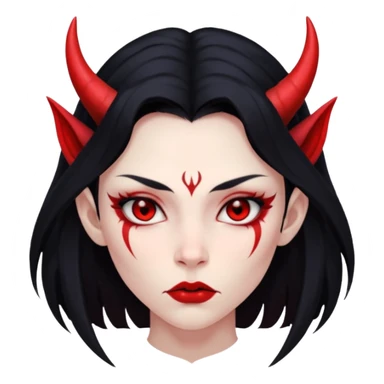 Head only: demon girl, 100% red skin, long black hair, small horns, sharp cheekbones, serious eyes, full lips, pointed ear; centered, no body, no text. sticker