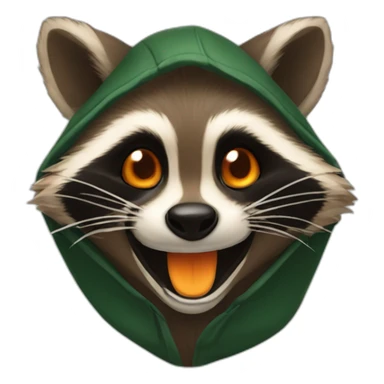brown raccoon with orange eyes and a dark green hood that is laughing sticker