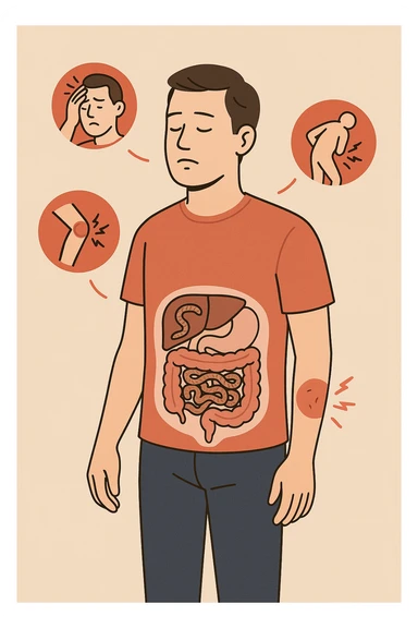 uomo che ignora i suoi un mal di testa, mal di schiena e dolore articolare e ignora ogni segnale e messaggio che il corpo manda per avvertirlo, ma alla fine dipendono tutto dai parassiti intestinali  sticker