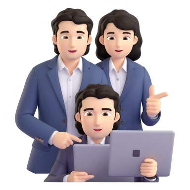 Business strategist with black wavy hair, stubble, chiseled face, wearing blazer and button-up shirt, mentoring a younger professional, leaning forward with engaged expression, pointing at document or laptop, in a one-on-one coaching session sticker