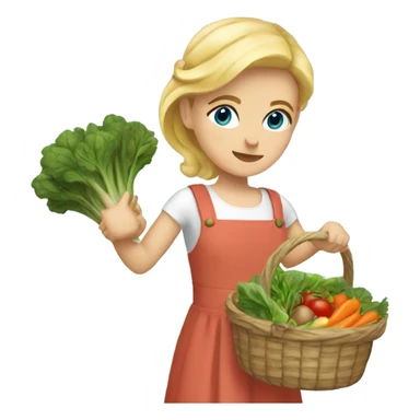 Girl with blonde hair and blue eyes a sleeveless dress carrying two baskets of vegetables and greens sticker