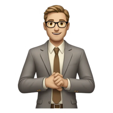 To belt Actively gesturing with hands 👌 Pale skinned fit man with dark brown hair in gray jacket, beige office shirt, brown tie, brown pants and vintage glasses. sticker