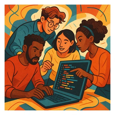 team of diverse people working together on programming, unique and creative style, collaboration, dynamic composition sticker