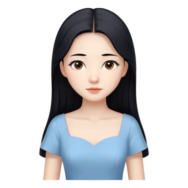 Chinese woman with a serene expression, long black hair, brown eyes, elegant pale blue dress sticker