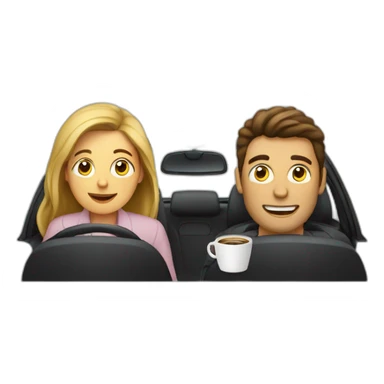 À woman and a man in a car with coffee sticker