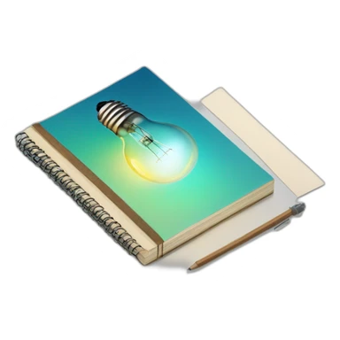 A notebook layed down with the front side having text and the backside a light bulb sticker