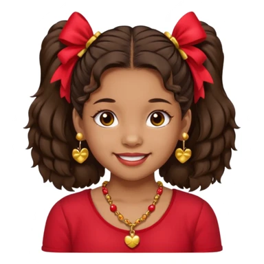 Brownskin girl dark brown hair fluffy. pigtails with red bows brown eyes smiling closed mouth red shirt gold esrrings gold necklace sticker
