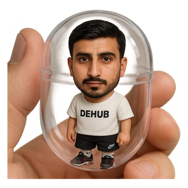 Create a highly detailed, all-glass gashapon capsule held between two fingers. Inside the capsule is a miniature chibi version of the person in the reference photo, with a photorealistic face matching the reference image, life-size chibi style. The chibi wears a white T-shirt with 'DEHUB', black 'Air Max' shorts, Air Max TN shoes, and white Nike socks. Emphasize the realism of the capsule and the collectible charm of the chibi figure inside, blending photorealism for the face and detailed chibi style for the figure and capsule. sticker