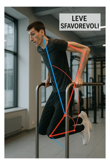 a tall, lean man with very long arms and a short torso attempts a dip on parallel bars. His elbows are deeply bent and his body appears awkwardly positioned, highlighting the mechanical disadvantage. An overlay shows anatomical lines and angles, with labels explaining “Leve Sfavorevoli” The background is a modern gym, with a focus on biomechanics. in italiano sticker
