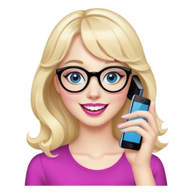 Pin up Woman with pale skin, wider face, blue eyes with eyeliner, thin eyebrows, long black eyelashes, pink lipstick, blonde wavy hair with bangs, wearing black glasses. Laughing on a mobile phone and waving  sticker
