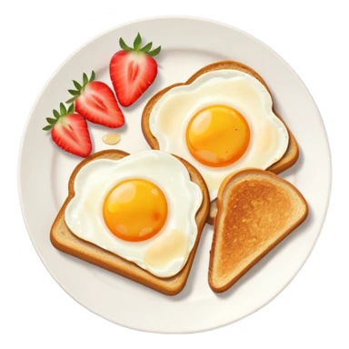 “Minimal emoji-style breakfast icon, flat design, rounded shapes, bright colors, white background, iOS emoji aesthetic, breakfast plate with toast, egg, and fruit sticker