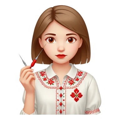 A young Ukrainian girl in a white embroidered shirt holds a red thread and a needle in her hand sticker