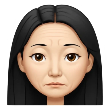 50 yr old asian woman, straight thick long black hair, big black, side part, tired sticker