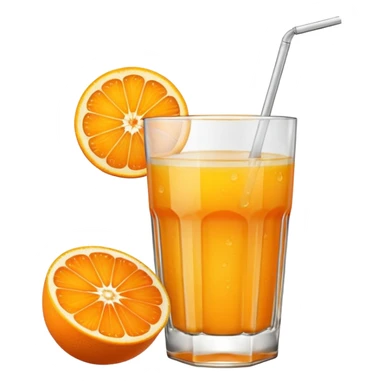 A glas of orange juice. Without a straw. With a slice of orange next to it on the bottom sticker