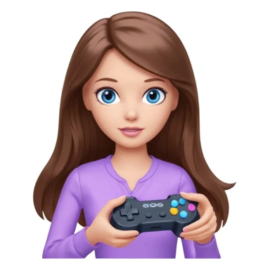 beautiful barbie girl with long brown hair, blue eyes and wearing light purple clothes playing console games with controller sticker