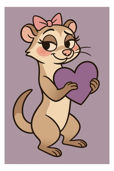 coquette ferret with a purple heart, cartoon style, big eyes, blushing cheeks, flirty pose sticker