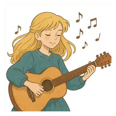 ghibli style illustration of a beautiful blonde girl playing guitar with music notes in the air sticker
