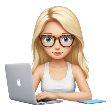 long blonde hair woman blue eyes with tortoise shell print glasses wearing white tank top on mac book  sticker