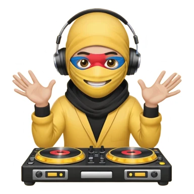 Make a customized yellow head emoji with hands and holding a dj turn table  in a ninja face mask sticker