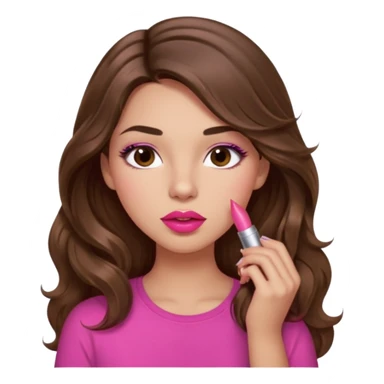 girl with long wavy brown hair, brown eyes, light to medium complexion, in a pink shirt, pink lips, long lashes, puckered lips, putting on lipstick sticker