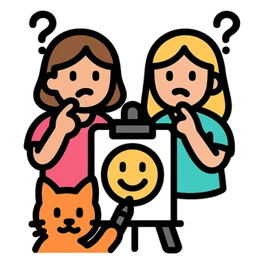 two girls guessing as a kitty draws an emoji, vibrant color icon sticker