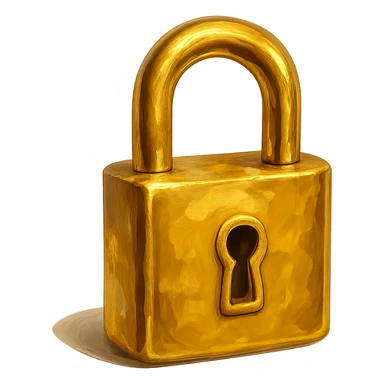 В cлегка рисованной, но при этом объемной и яркой стилистике сгенерируй картинку фотореалистичного полностью золотого замка (замок который для ключей), прозрачный фон sticker