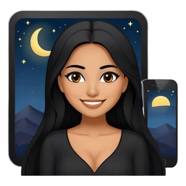 beautiful woman, with long straight black hair, with make up, black eye liner, smile, mexican, brown skin, wearing beautiful sexy black outfit, she’s wishing good night sticker