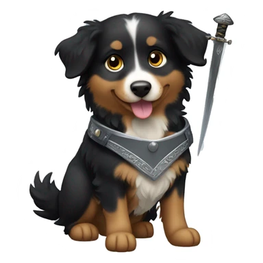Small black australian shepherd dog with a sword sticker