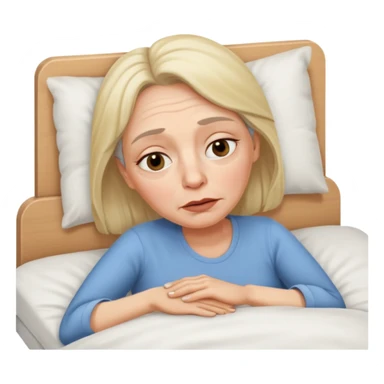 A 55-year-old woman lying in bed. She looks exhausted and desperate, with visible dark circles under her eyes, tired facial expression. sticker