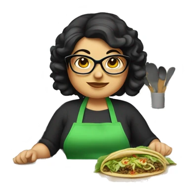 chubby lady with black hair green apron  with glasses cooking tacos sticker