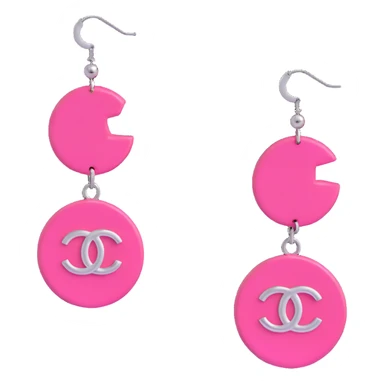 3D emoji-style hoop earrings in glossy pink with dangling silver Chanel logos, luxurious sticker